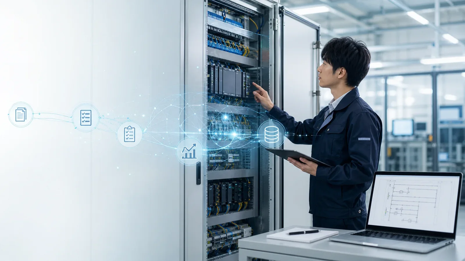PLC制御盤を確認しながら生成AIの支援情報を参照する技術者