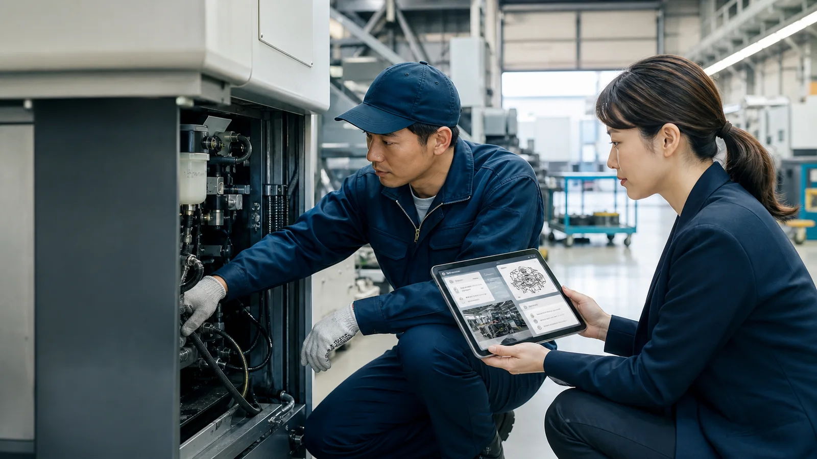 製造設備を点検するサービス技術者と、取扱説明書・修理履歴をタブレットで確認するサポート担当者
