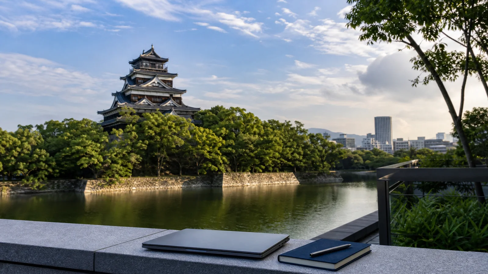 広島城と堀を背景にノートパソコンとノートを置いた夏の風景