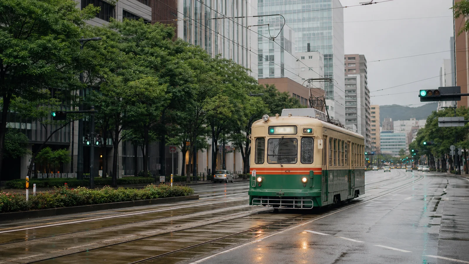 雨上がりの広島市中心部を走る路面電車と街路の風景