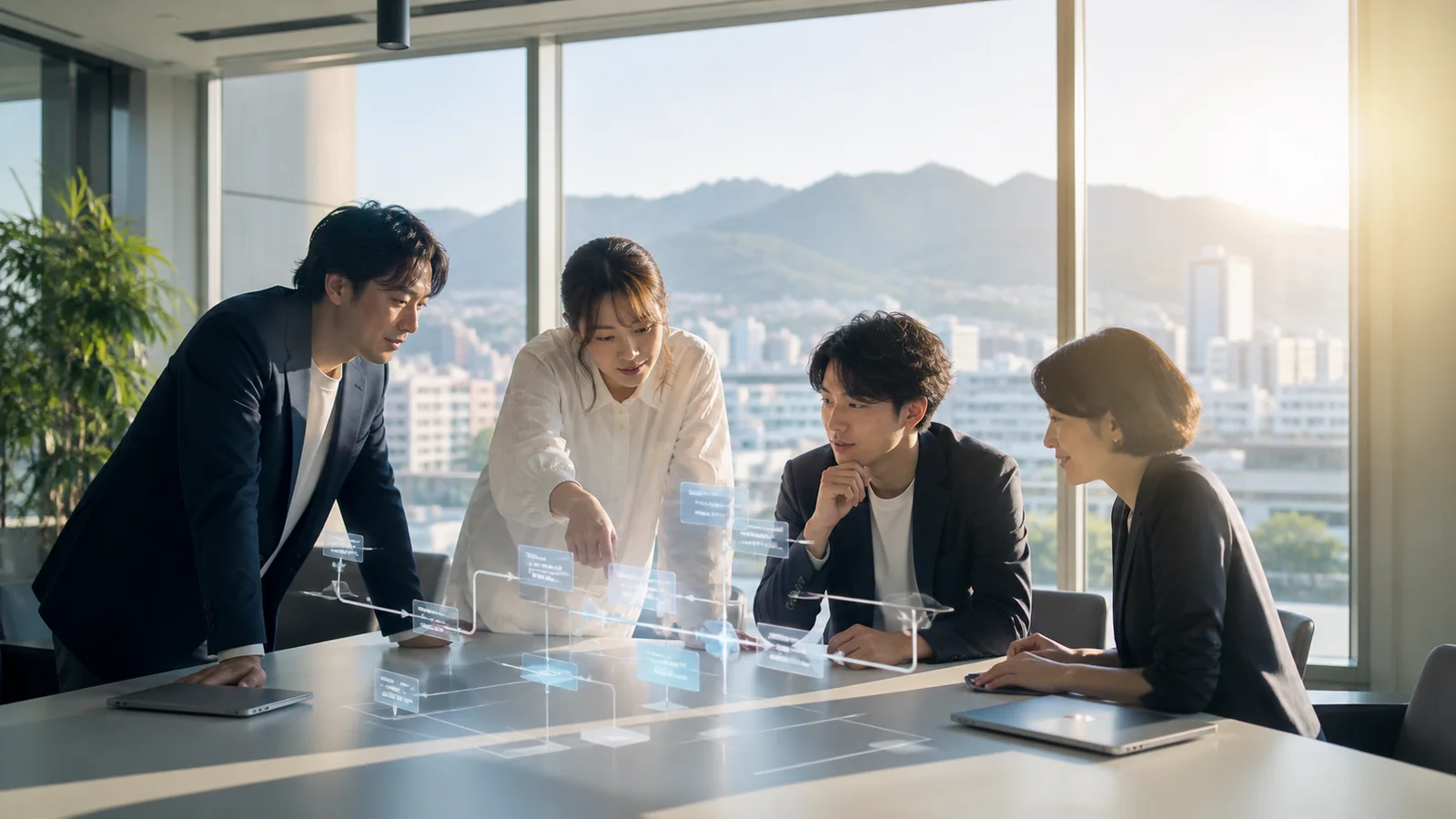 広島の都市を背景に生成AI事業の始動を話し合うチーム